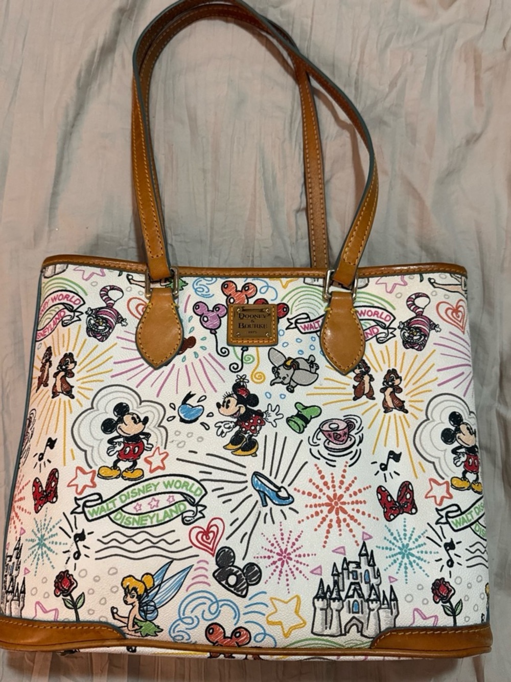 Dooney & Bourke White Multicolor Disney Character Tote with Leather Trim